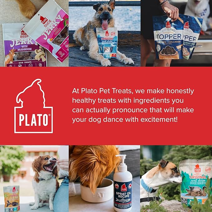 PLATO Pet Treats - Air-Dried Jerky - Delicious, Real Meat Dog Treats - Grain Free - Supports Healthy Digestion - Duck with Cherry 16oz