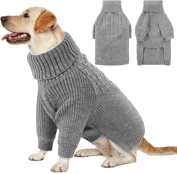 Queenmore XL Dog Sweater,Large Sized Dog Sweater for Male/Female,Soft Warm Turtleneck Pullover Knitwear for Boy/Girl Doggies,Winter Dog Coat for Golden Retriever/Border Collie - Grey,XL