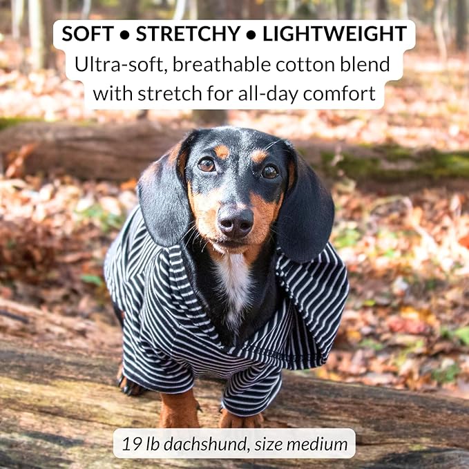 DJANGO Dog Hoodie – Warm, Lightweight, Soft & Stretchy Dog Sweater with Hood, Harness Hole & Elastic Waistband – Cozy Sweatshirt for Small Dogs up to 25 lbs, Dachshunds & Puppies – Black, Medium
