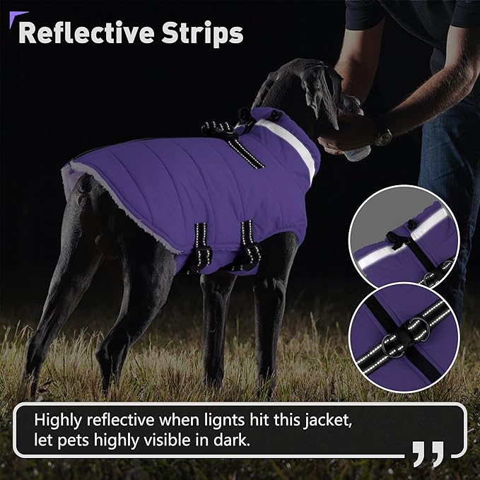 Dogcheer Dog Coat with Harness, Waterproof Dog Jacket Adjustable Winter Coat with Zipper, Christmas Puppy Snow Jacket Fleece Sweater for Small Medium Large Dogs - Taro Purple 3XL