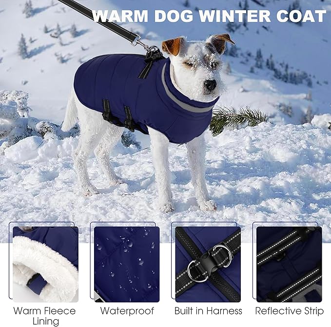 Large Dog Coat with Harness Built-in, Waterproof Reflective Fleece Lined - Warm Windproof Winter Jacket with Back Zipper, Cold Weather Snow Dog Coats - Blue - 2XL