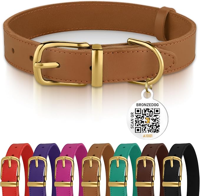 BRONZEDOG Leather Dog Collar with Metal Buckle Durable Basic Pet Collars for Small Medium Large Dogs (11-13 Inch (Pack of 1), Light Brown & Gold Buckle)