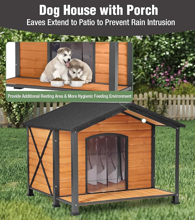 Extra Large Heated Dog House, Outdoor Dog House Insulated for Winter with Heating Pad, Weatherproof Wooden Dog Kennel with Porch, Sturdy Iron Frame & Openable Roof for Easy Cleaning (41.6" L)