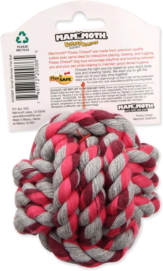 Mammoth Flossy Chews Monkey Fist Ball Premium Cotton-Poly Rope Dog Toy Interactive & Fetch Toy for Small Dogs - Small 3.75" - Assorted Colors