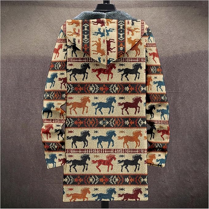 Mens Aztec Print Hoodie Heavyweight Cotton Fleece Jacket Zip Up Warm Long Sleeve Hooded Winter Midi Coat