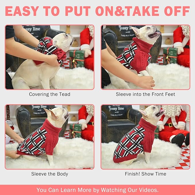 SCENEREAL Turtleneck Dog Sweater for Small Medium Large Dogs Girls Boys, Christmas Plaid Pullover Puppy Sweatershirt, Dogs Cold Weather Outfit Clothes, Ideal Gift for Pet in New Year, Pink Plaid L