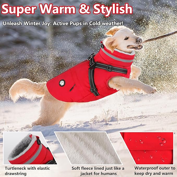 Dogcheer Dog Coat with Harness, Waterproof Dog Jacket, Christmas Puppy Winter Coat with Pocket, Reflective Doggy Turtleneck Puffer Vest for Small Medium Large Dogs - Red, M