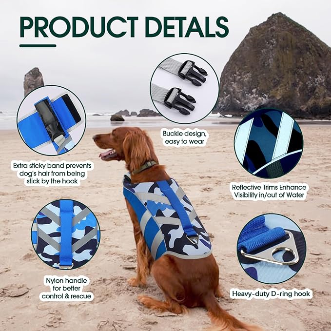 Kuoser Dog Life Jacket with Reflective Stripes - Adjustable High Visibility Vest, Ripstop Lifesaver, Pet Preserver with High Flotation Swimsuit for Small, Medium and Large Dogs