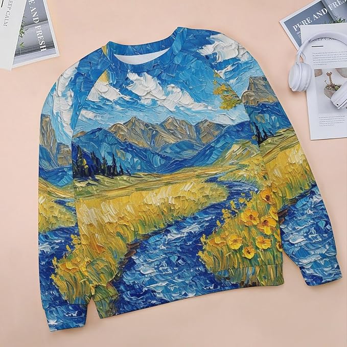 Long Sleeve Shirts for Women Cat Oil Painting Shirt 3D Graphic Sweatshirts Fall Pullover Crewneck Vintage Boho Tops