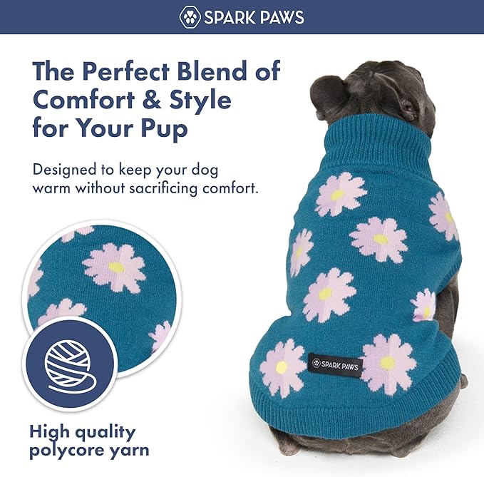 Spark Paws Knit Dog Sweater – Ultra Soft Warm Winter Dog Sweater for Small, Medium & Large Dogs – Stretch Fit Pet Sweater for French Bulldog, Pitbull, Girl & Boy Dogs Jacket, (Flower,L)