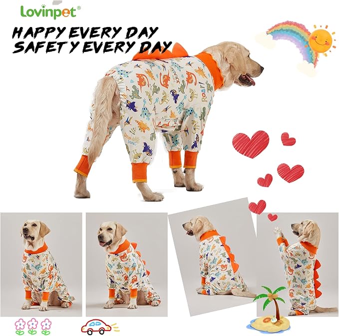 LovinPet Large Dog Pajamas, Anti Licking, Recovery Suit, Lightweight Jurassic Knit, UV for Large Dogs/L