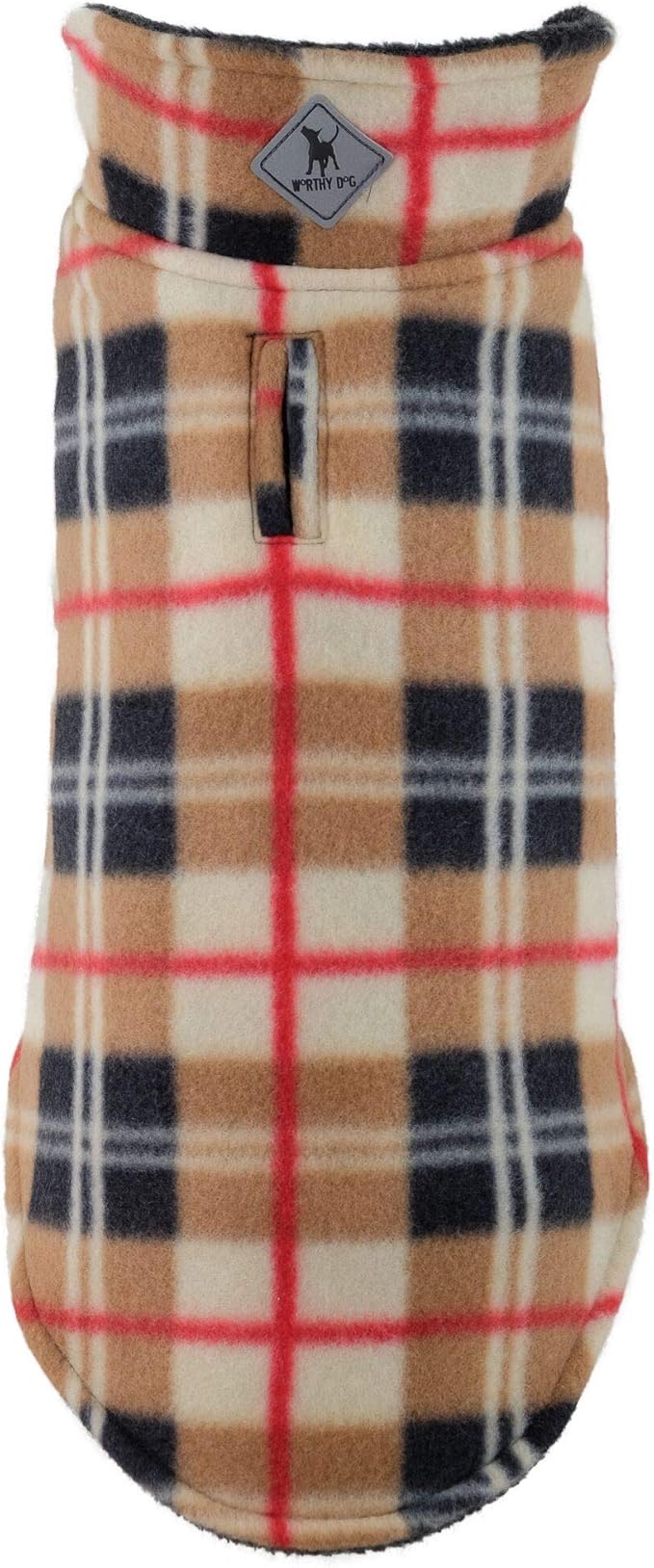 The Worthy Dog Fargo Fleece Plaid Dog Jacket, Adjustable Reversible with Harness Hole, Wind-Resistant, Winter Outdoor Clothes for Pets, Tan - 14''