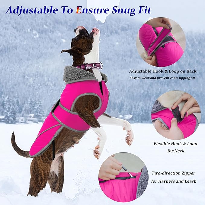 Dogcheer Dog Coat, Waterproof Dog Jacket Reflective Pet Winter Coat with Adjustable Hook & Loop, Christmas Puppy Fleece Jacket Warm Turtleneck Snowsuit for Small Medium Large Dogs - Pink, L