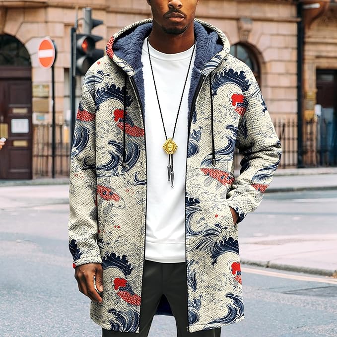 Mens Long Cardigan Hoodies Full Zip Fleece Lined Jackets Fashion Knitted Color Block Hooded Coat with Pockets