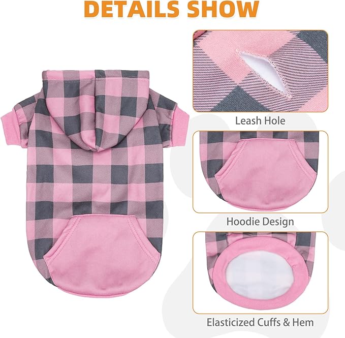 KOOLTAIL Plaid Dog Hoodie Pet Clothes Sweater with Hat and Pocket for Small Medium Large Size Dogs, Soft Winter Warm Pet Cold Weather Coat, Fleece Fall Dog Hooded Sweatshirt for Puppy Cats, PinkSM