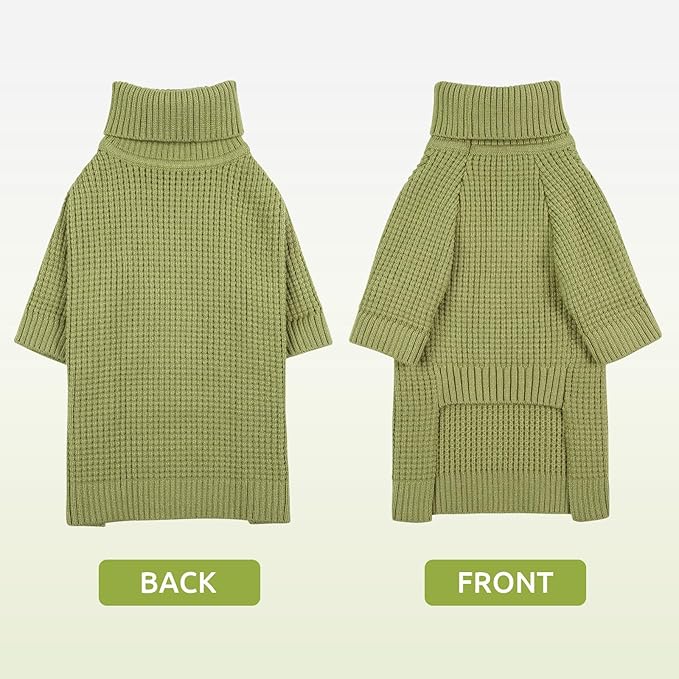 Queenmore Turtleneck Long Sleeve Knitted Sweater with Check Pattern, Fall Winter Warm Sweaters for Small to 3XL Dogs & Cats, Green