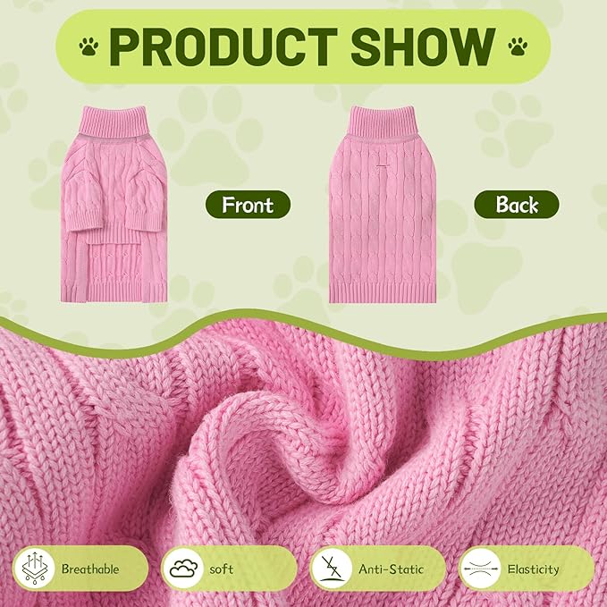 Small Dog Thermal Pullover Sweater, Classic Turtleneck Cable Knitwear Dog Clothes for Cold Weather Warm Pet Clothes for Chihuahua, Bulldog, Dachshund, Pug Pink Medium