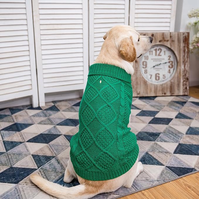 Mihachi Turtleneck Dog Sweater - Winter Coat Apparel Classic Cable Knit Clothes with Leash Hole for Cold Weather, Ideal Gift for Pet in New Year Green X-Large