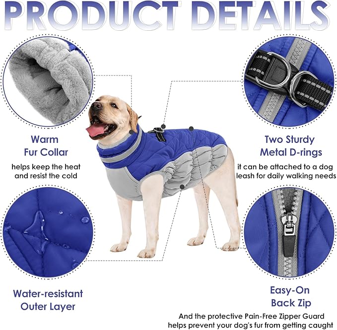 AOFITEE Dog Coat, Warm Dog Winter Coat for Large Dogs, Reflective Turtleneck Dogs Jacket with Harness Built in, Waterproof Windproof Pet Puffer Jacket Fleece Vest for Cold Weather, Blue XXXL