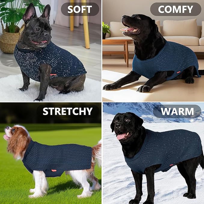 KYEESE Dog Sweater for Large Dogs with Leash Hole Warm Pullover with Reflective Yarn Male Thick Stretchy Knitwear Winter Soft Pet Coat boy for Cold Weather Comfy Dog Sweaters, Navy Blue, XX-Large