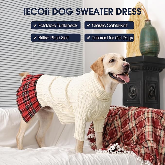 IECOii Girl XXL Dog Sweater Dress, Cozy Cable Knit Dog Sweater for Large Dogs Girl, Beige,XXLarge, 2XL Pet Pullover Knitted Dress for Winter, Turleneck with Sleeve, Warm Sweaters for Female Pitbull