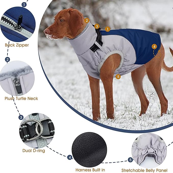 Dog Coat with Harness Built in,Water-Repellent Dog Jacket Christmas Puppy Winter Coat with Reflective,XS Warm Doggy Winter Jacket with Zipper,Soft Pet Fleece Snow Jacket for Small Dogs,Blue,XS