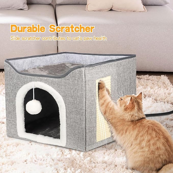Heated Cat Bed for Indoor Cats, Foldable Cat House with Removable Heating Pad for Cats Small Dog Covered Cat Bed Cave Kitty Hideaway with with Scratch Pad, All Season Use