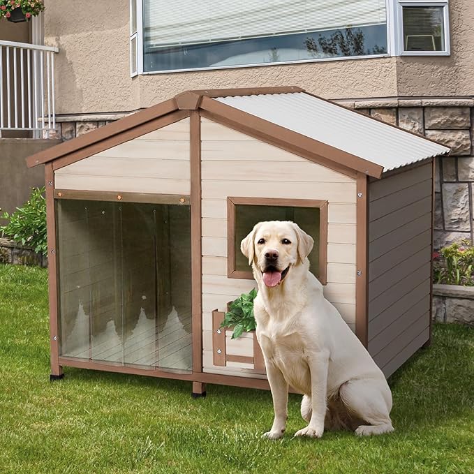 Petsfit All-Season Large Wooden Dog House Outdoor for Extra Large Breeds up to 200lbs, Insulated Weatherproof Shelter with PVC Roof & Elevated Floor, Easy Assembly, 47-Inch, Off-White
