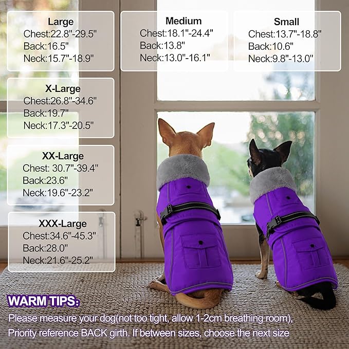 Dogcheer Dog Coat with Pocket, Waterproof Dog Jacket with Adjustable Buckle, Reflective Puppy Winter Coat Warm Turtleneck Fleece SnowJacket for Small Medium Large Dogs - Purple L