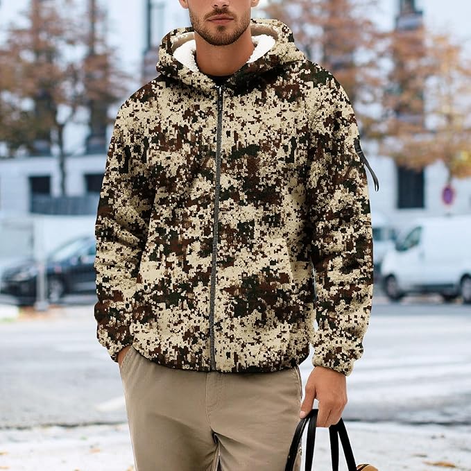 Men's Camouflage Hunting Fleece Lined Hoodie Camo Jackets Zip Up Long Sleeve Casual Winter Coats Hood Outerwear