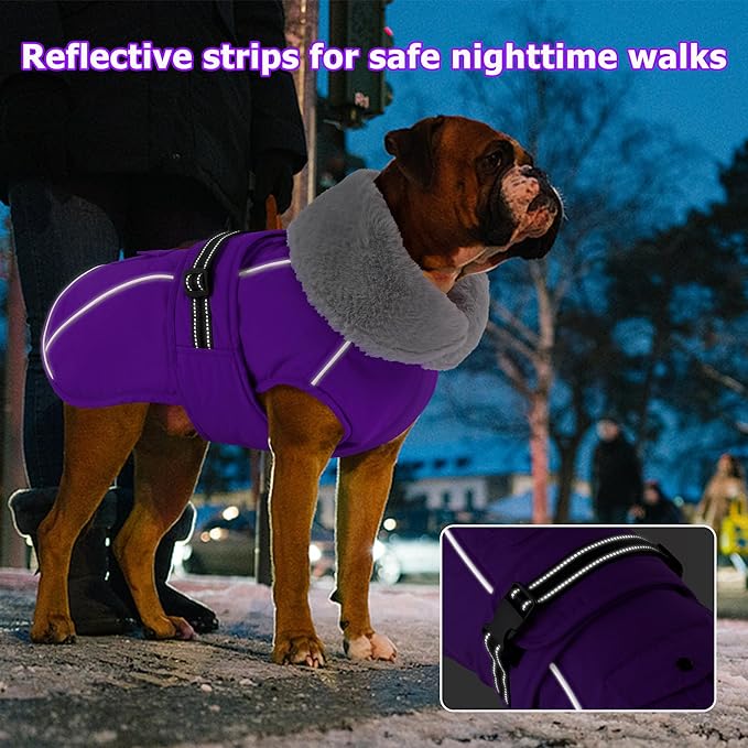Dogcheer Dog Coat with Pocket, Waterproof Dog Jacket with Adjustable Buckle, Reflective Puppy Winter Coat Warm Turtleneck Fleece SnowJacket for Small Medium Large Dogs - Purple 2XL