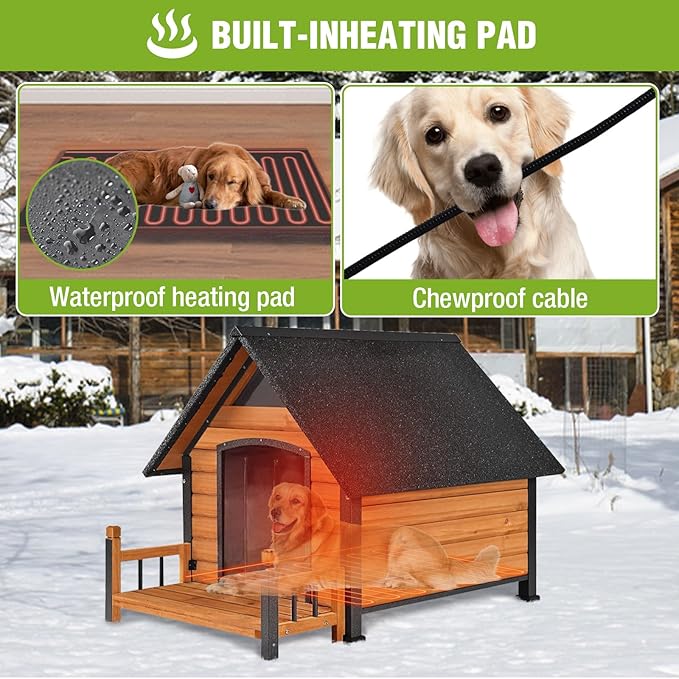 GUTINNEEN Large Heated Dog House Outdoor Insulated Weatherproof Dog Kennel with Heated Pad, Insulated All-Round Thermal Liner, Chew-Proof Strong Iron Frame Dog House for Dogs (Winter-Ready)