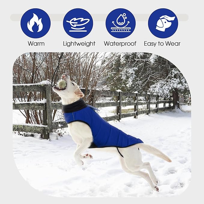 IDOMIK Dog Winter Coat, Warm Waterproof Dog Puffer Jacket with Harness Hole, Adjustable Reflective Snow Jacket Vest with Turtleneck, Pet Cold Weather Coats for Large Dogs,Blue,2XL