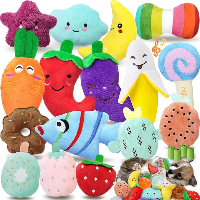 Charming Chorus 20-Pack Squeaky Dog Toys Set - Included 4 Dog Bags, Plush Puppy Toys with Irresistibly Cute Characters for Small Dogs, Interactive Dog Squeak Toys for Fun&Teeth Cleaning