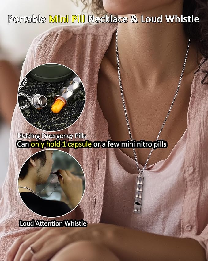 Titanium Pill Holder Necklace for Men Women Emergency Whistle Mini Keychain Nitro Pill Case with Loud Whistles EDC Safety Backpacking Survival Hiking Camping Pets Training