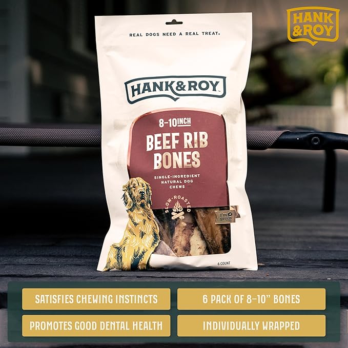 Hank & Roy All-Natural, Single-Ingredient 8-10” Beef Rib Bones for Dogs, Long Lasting, Engaging Dog Bones, Individually Wrapped for Odor Control and Freshness