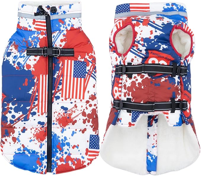 Large Dog Coat with Harness Built-in, Waterproof Reflective Fleece Lined - Warm Windproof Winter Jacket with Back Zipper, Cold Weather Snow Dog Coats - American Flag - 2XL