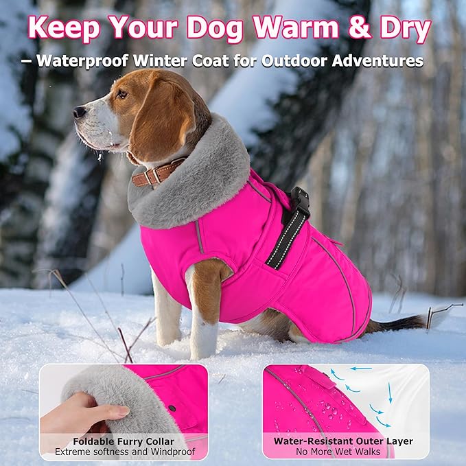 Dogcheer Dog Coat with Pocket, Waterproof Dog Jacket with Adjustable Buckle, Reflective Puppy Winter Coat Warm Turtleneck Fleece SnowJacket for Small Medium Large Dogs - Pink 2XL