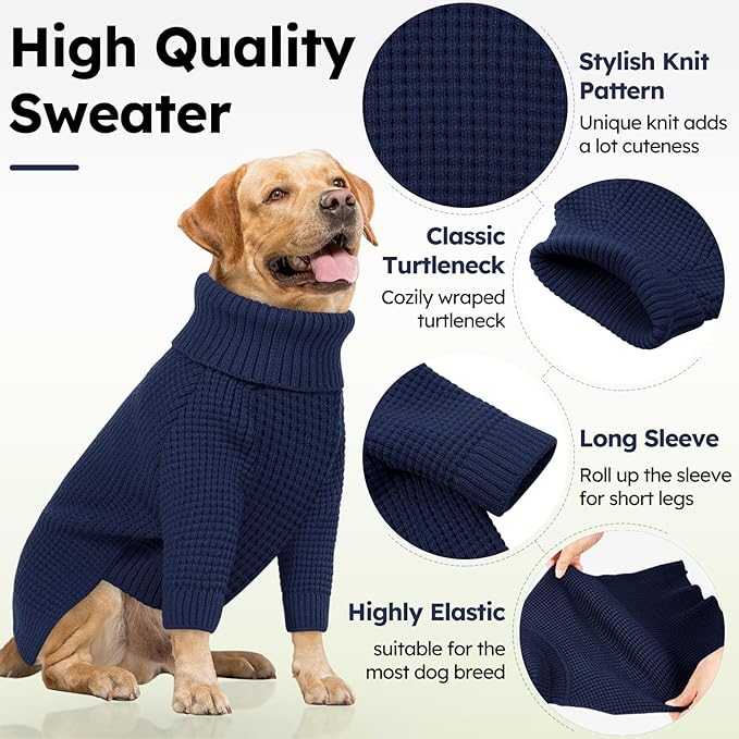 Queenmore Turtleneck Dog Sweater, Plaid Dog Sweater with Check Pattern, Long Sleeve Holiday Doggie Sweaters, Solid Pet Sweaters for Large Breeds, Navy Blue L