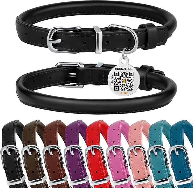 BRONZEDOG Rolled Leather Dog Collar for Small Medium Large Dogs with QR ID Tag (S: 12-14 Inch, Glossy Black)