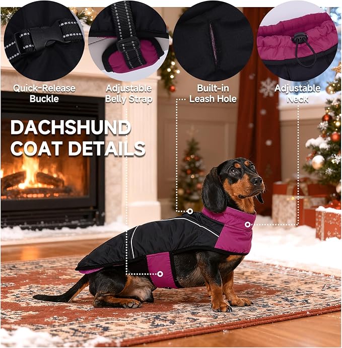 DORA BRIDAL Dachshund Coat, Fleece Lined Dog Winter Coat, Warm Dog Coats with Reflective Strips, Adjustable Waterproof Pet Jacket Clothes, XL