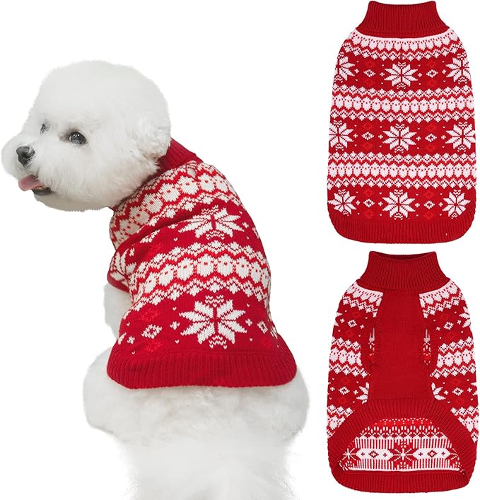 KOOLTAIL Cable Knit Small Dog Sweater Turtleneck, Cold Weather Pullover Classic Knitwear with Leash Hole, Snowflake Pattern Thick Warm Winter Pet Clothes, Medium Dog Christmas Sweater, Red S