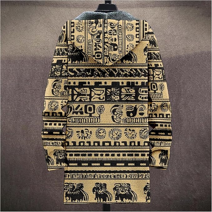 Mens Aztec Print Hoodie Heavyweight Cotton Fleece Jacket Zip Up Warm Long Sleeve Hooded Winter Midi Coat
