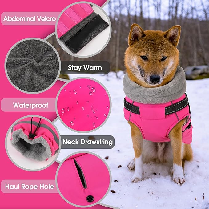 PETDSH Dog Coat Large, Built-in Harness Dog Jacket with Warm Fleece Lining, Waterproof Reflective Dogs Winter Coat, Pet Coats with Pocket and Trash Bags (Pink, X-Large)