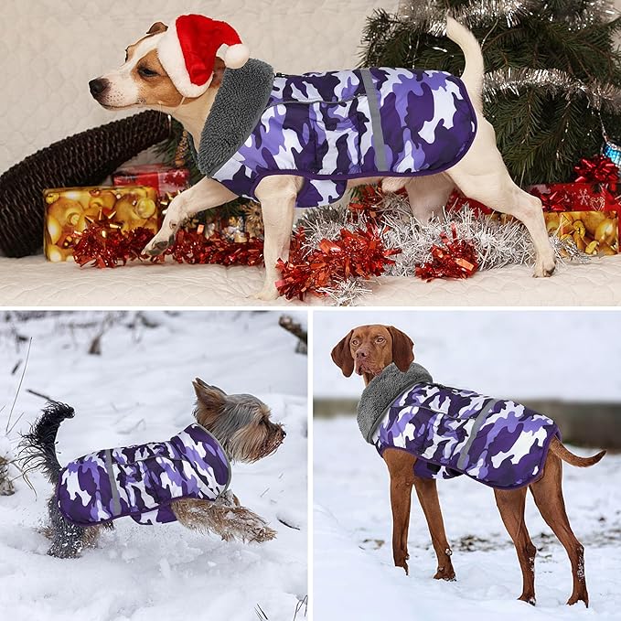 Dogcheer Warm Dog Coat, Waterproof Dog Jacket Christmas Puppy Winter Coat with Buckle, Reflective Adjustable Pet Snow Jacket Turtleneck Fleece Sweater for Small Medium Large Dogs - Camo Purple, 3XL