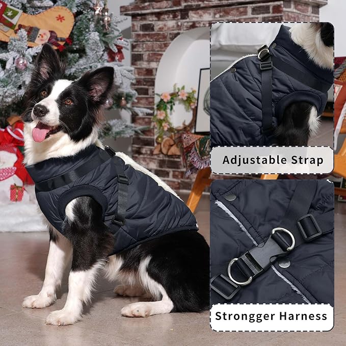 Dog Jacket with Harness,Fleece Lined Warm Puppy Coat for Winter,Soft Windproof Small Dog Vest,Black M