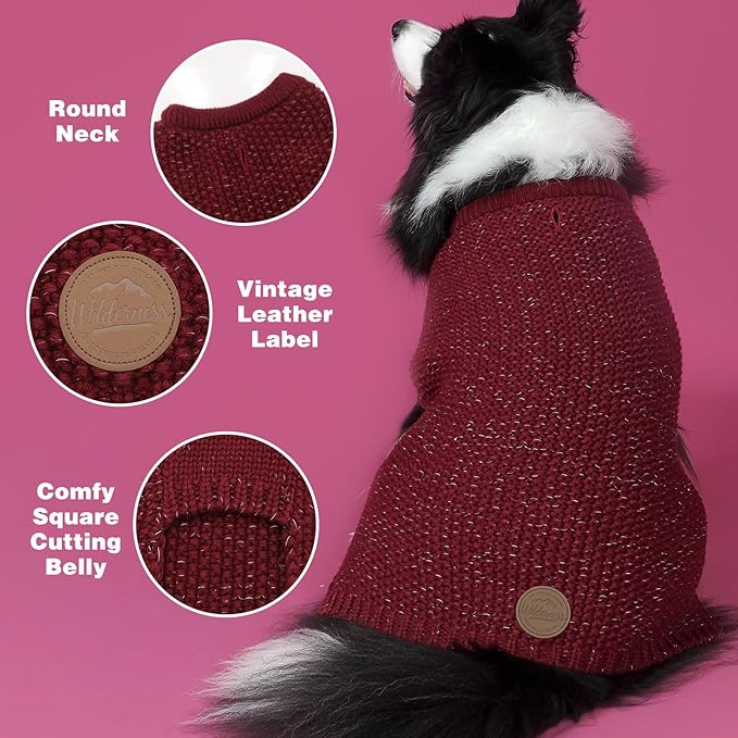 KYEESE Dog Sweater with Leash Hole Warm Pullover with Reflective Yarn for Small and Medium Dogs Male Soft Knit Pullover Boy Dog Coats Cozy Lightweight Thick Sweater,Dark Red,Medium