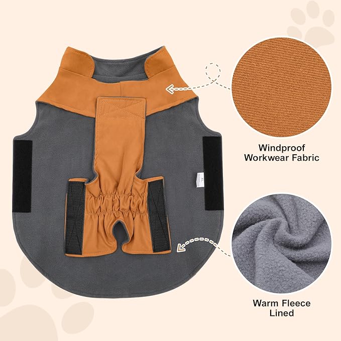Workwear Style Dog Coats with Harness Built in for Small Dogs Windproof Warm Puppy Jacket with Storage Pockets for Cold Winter,BrightBeige L