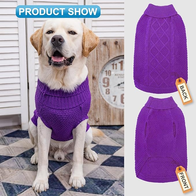 Mihachi Turtleneck Dog Sweater - Winter Coat Apparel Classic Cable Knit Clothes with Leash Hole for Cold Weather, Ideal Gift for Pet in New Year Purple Large