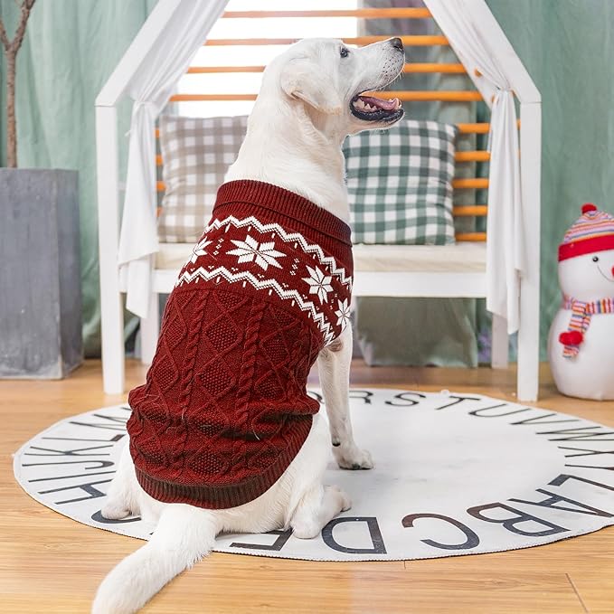 Warm Winter Pink Dog Sweater - Cold Weather Pet Clothes for Small Medium Large Dogs Indoor Outdoor, Soft Classic Knit Puppy Apparel Coat, Dark Red, ML